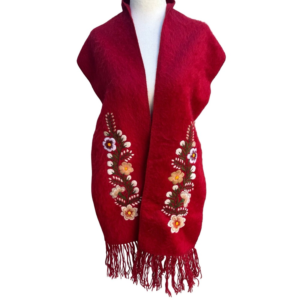 Camargo Peruvian Alpaca Wool Boho Folk Art Floral Embroidered Scarf Wrap Red OS